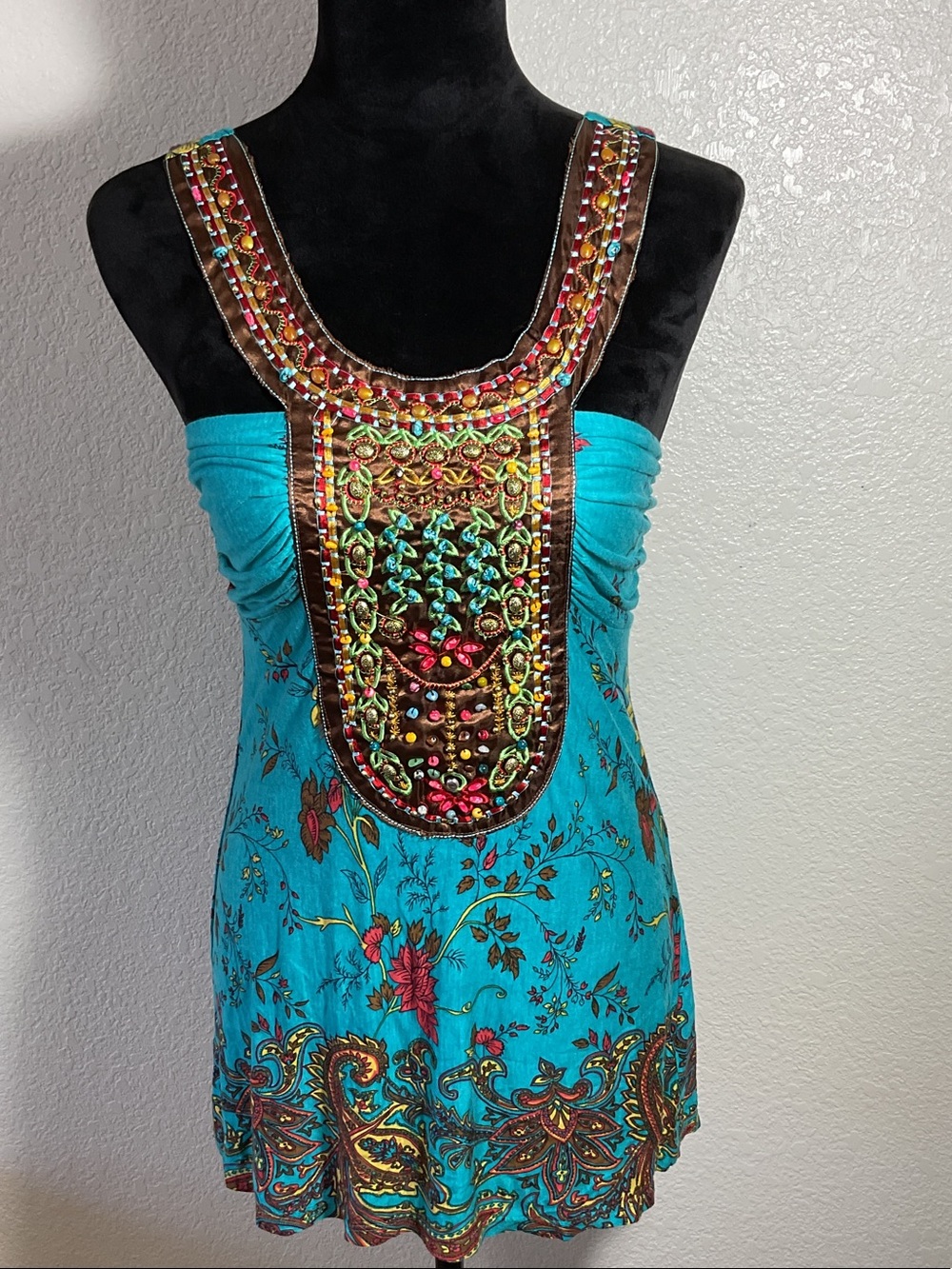 Charlotte Russe Turquoise Embroidered Beaded Tank Top